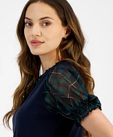 Tommy Hilfiger Women's Plaid-Trim Puffed-Sleeve Top