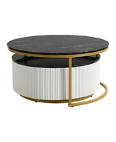Modern Round Nesting Coffee Table Fluted with Drawer in Black & Gold in 31.5"