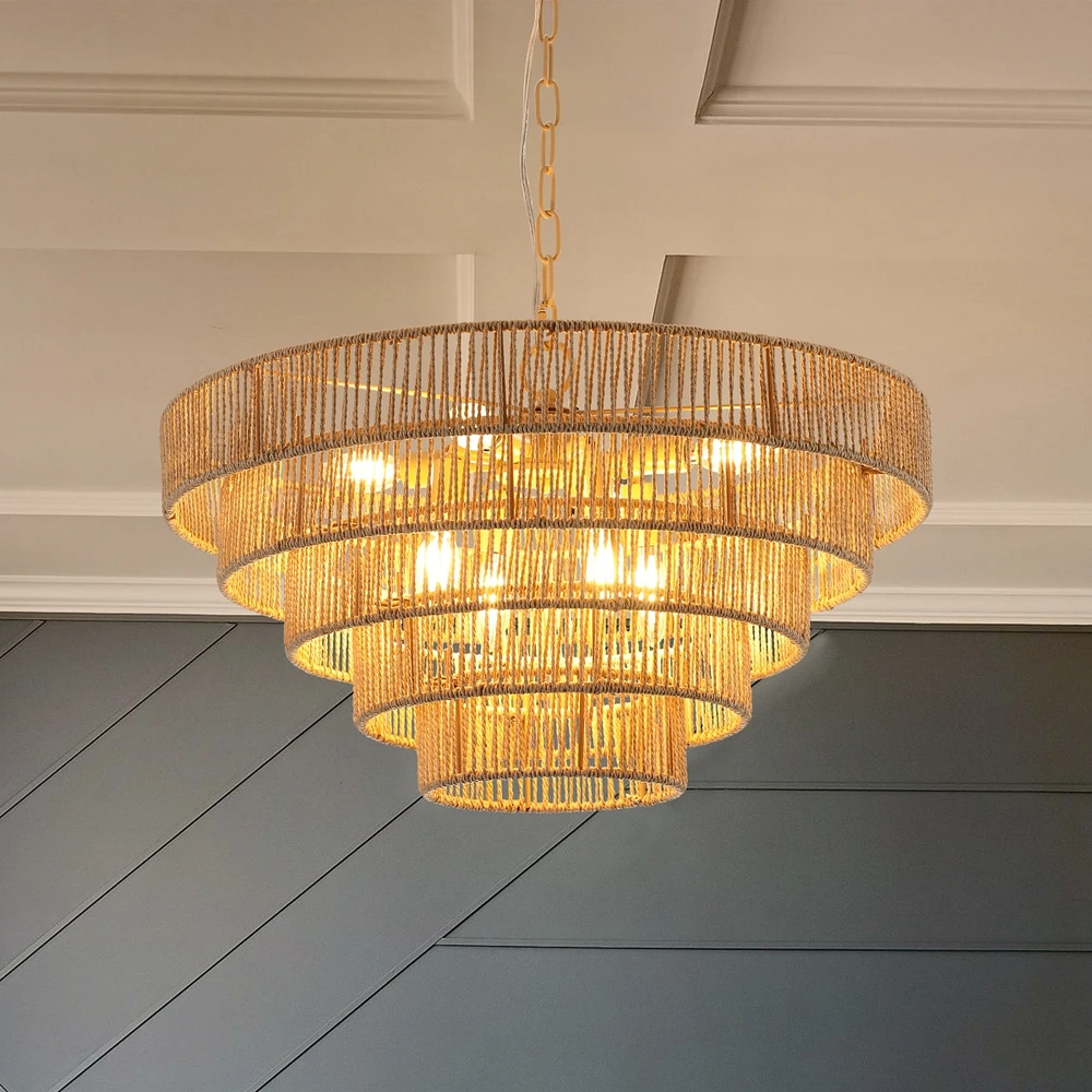 Simplie Fun Woven Bohemian Rattan Pendant Light with 5-Tier Chandelier