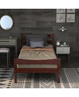 Gymax Twin Size Platform Bed Frame Foundation w/Headboard &Wood Slat Support Walnut