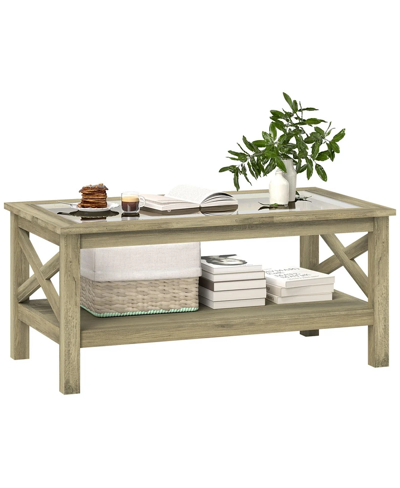 Homcom Coffee Table with Wood Frame for Living Room, White Oak