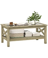 Homcom Coffee Table with Wood Frame for Living Room, White Oak