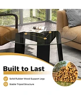 Skonyon 29.5 Inch Round Glass Coffee Table with Solid Rubber Wood Legs for Living Room Home Office Small Space-Black