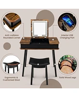 Skonyon Vanity Table Set with Flip Top Mirror Lights Usb Writing Desk and Stool-Brown