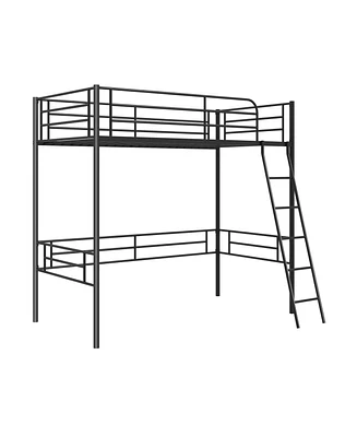 Skonyon Twin Metal Loft Bed Frame with Ladder and Metal Slats Support-Black