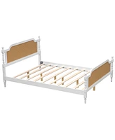 Traditional Style Rattan Queen Size Bed Frame,No Box Spring Needed,Antique White