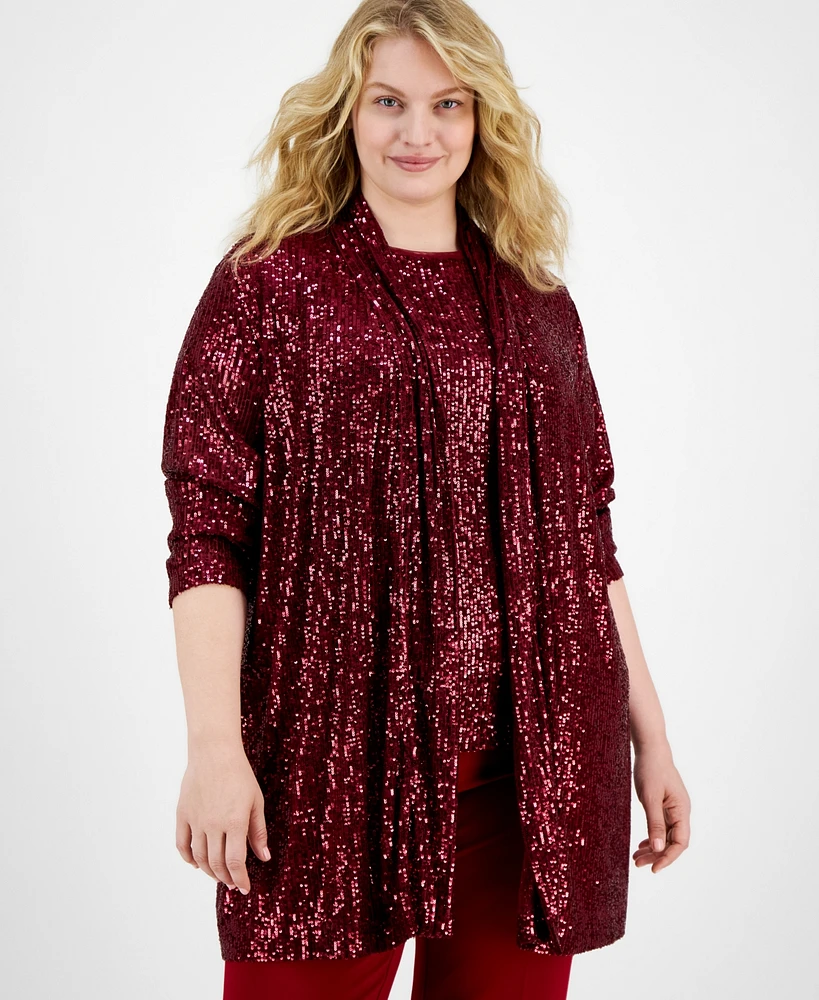 Anne Klein Plus Sequined Draped-Front Cardigan Jacket