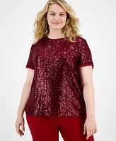 Anne Klein Plus Sequinned Mesh-Trim Short-Sleeve Top