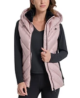Dkny Women's Hooded Puffer Vest with Contrast Scuba and Teddy Faux Fur Collar
