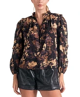 Elan Women's Cotton Floral-Print Ruffled Split-Neck Top