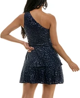 Trixxi Juniors' Sequin One-Shoulder Tiered Mini Dress