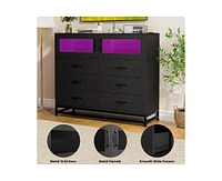 gaomon Dresser for Bedroom with Led Lights and Charging Station, 6 Drawer Double Dresser with 2 Shelves, Wide Modern Wooden Chest of Drawers for Bedro