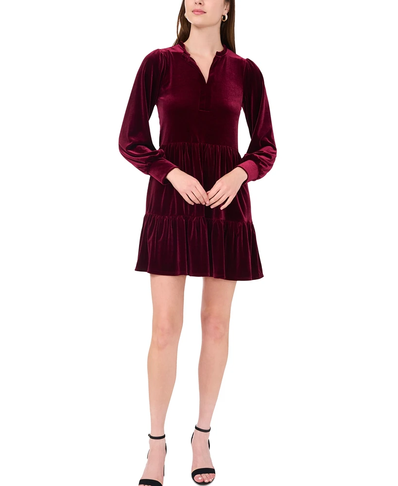 Msk Women's Split-Neck Blouson-Sleeve Tiered Velvet Shift Dress