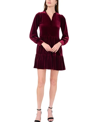 Msk Women's Split-Neck Blouson-Sleeve Tiered Velvet Shift Dress