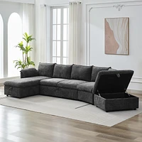 Simplie Fun Movable Ottoman L-Shape Sectional Sofa with Storage and Usb Ports