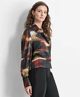 Dkny Women's Abstract-Print Shimmering Long-Sleeve Blouse