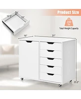 Skonyon 5-Drawer Dresser Chest Mobile Storage Cabinet with Door-White