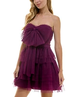 City Studios Juniors' Strapless Bow-Front Tiered Dress