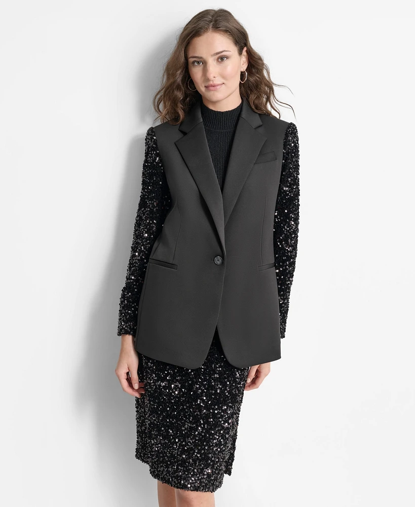 Dkny Women's Sequinned-Sleeve Single-Button Blazer