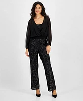 Vince Camuto Womens Overlapping Long Sleeve Top Pull On Sequined Flared Pants