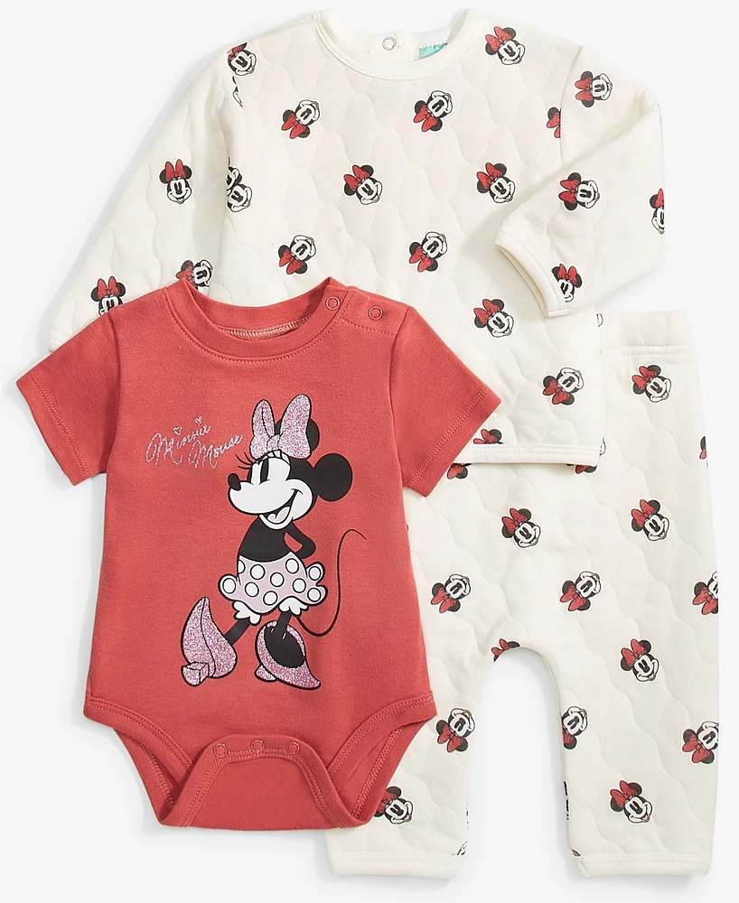 Disney Baby Girls Minnie Mouse Quilted Shirt, Bodysuit & Pants Set