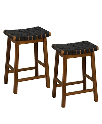 Sugift Faux Pu Leather Bar Height Stools Set of 2 with Woven Curved Seat- Inches