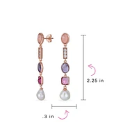 Bling Jewelry Boho Tri Tone Mixed Crystal Accent Linear Thin Long Baroque Pearl Pink Tourmaline Purple Natural Amethyst Dangle Earrings Rose Gold Plat