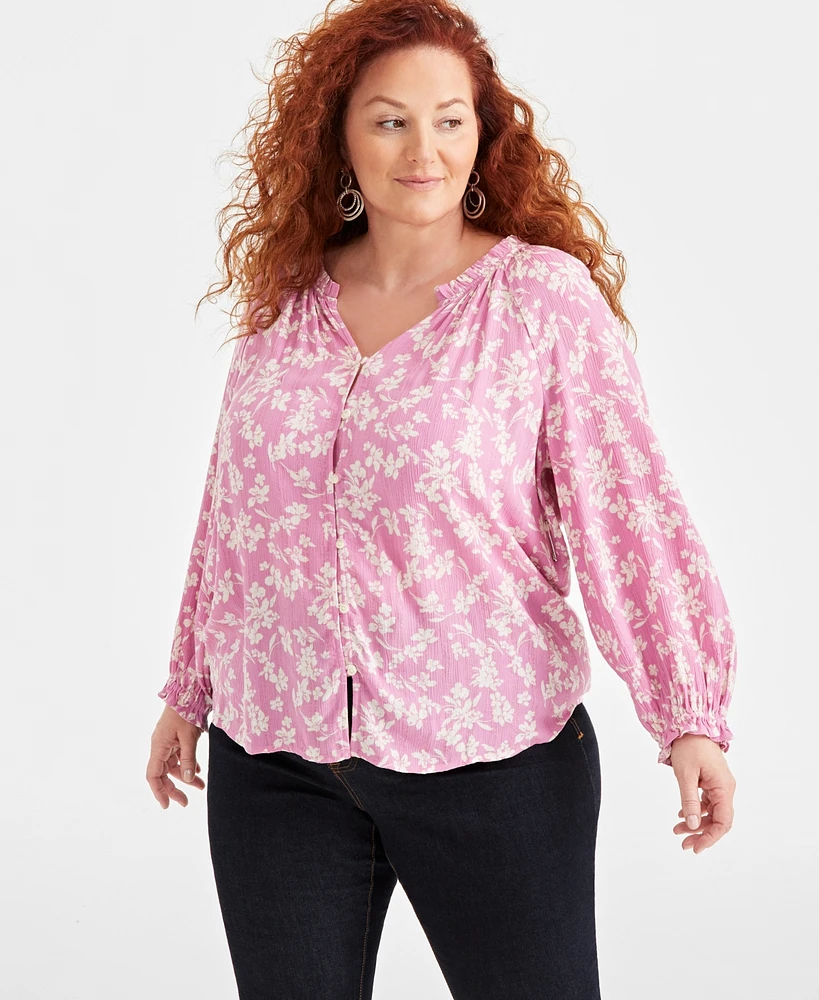 Style & Co Plus Printed Shine V-Neck Blouse