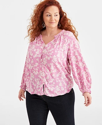 Style & Co Plus Scandi Tile Shine V-Neck Blouse, Created for Macy's