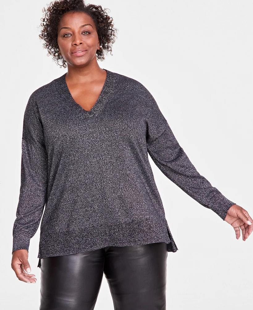 I.n.c. International Concepts Plus Metallic-Knit V-Neck Sweater, Created for Macy's