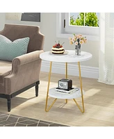 Tribesigns Faux Marble End Table, 2 Tier Round Side Table with Shelves, Modern Gold Nightstand Bedside Table Small Coffee Accent Table for Living Room