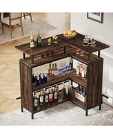 Tribesigns Home Bar Unit, L-Shaped Bar Table with Stemware Racks and 2-Tier Shelves, Corner Mini Coffee Liquor Cabinet with Footrest for Home/Kitchen/