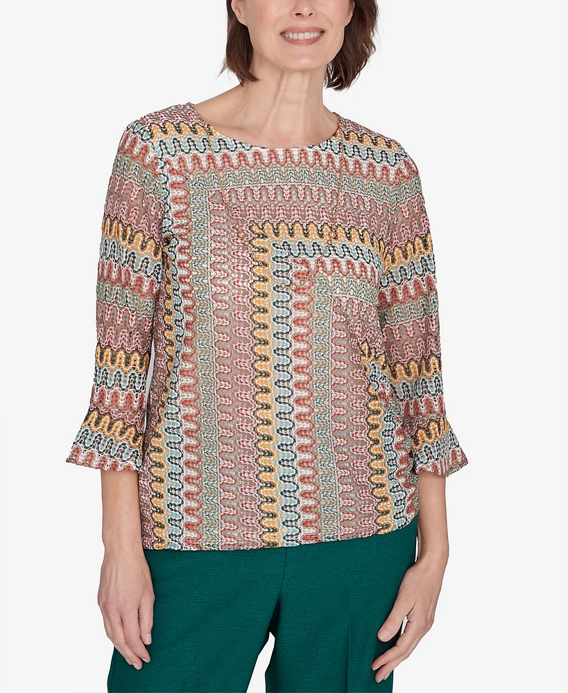 Alfred Dunner Petite Emerald Isle Spliced Texture Top with A Drawstring Hemline