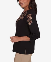 Alfred Dunner Petite Rue Rivoli Leaf Embroidered Sweater Top with Ruched Sleeves