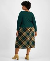 Connected Plus Sweater-Top Plaid-Skirt Dress