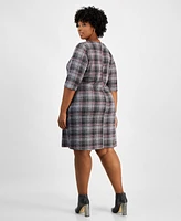 Connected Plus 3/4-Sleeve Plaid Sheath Dress