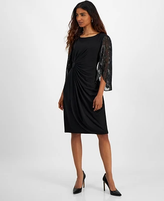 Connected Petite Lace-Sleeve Side-Gathered Sheath Dress