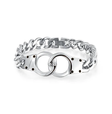 Bling Jewelry Biker Interlocking Handcuff Bracelet with Padlock Curb Chain Stainless Steel