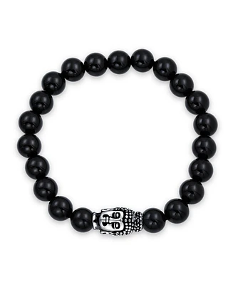 Bling Jewelry Spiritual Charm Bali Buddha Black Onyx Stretch Bracelet For Women Ball Bead Silver Plated