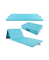 Skonyon 4-Panel Pu Leather Folding Exercise Mat with Carrying Handles-Blue