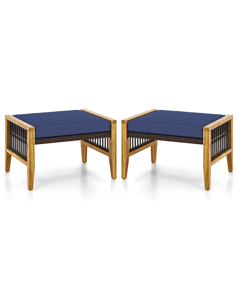 Skonyon Patio Acacia Wood Ottomans with Cushions and Versatile Rattan Woven Footstools-Navy