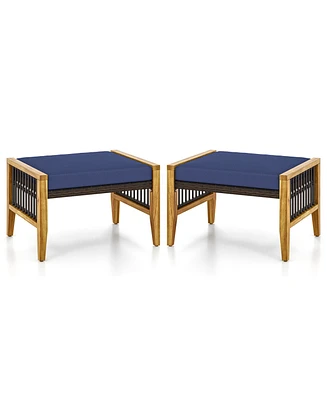 Skonyon Patio Acacia Wood Ottomans with Cushions and Versatile Rattan Woven Footstools-Navy