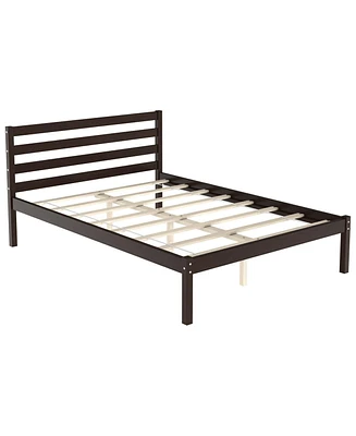 Gymax Full Wood Platform Bed Frame Headboard Slat Support Mattress Foundation