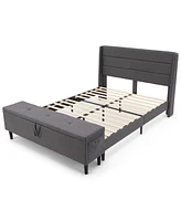 Gymax Full Upholstered Platform Bed Frame w/ Storage Ottoman Slats Support Grey