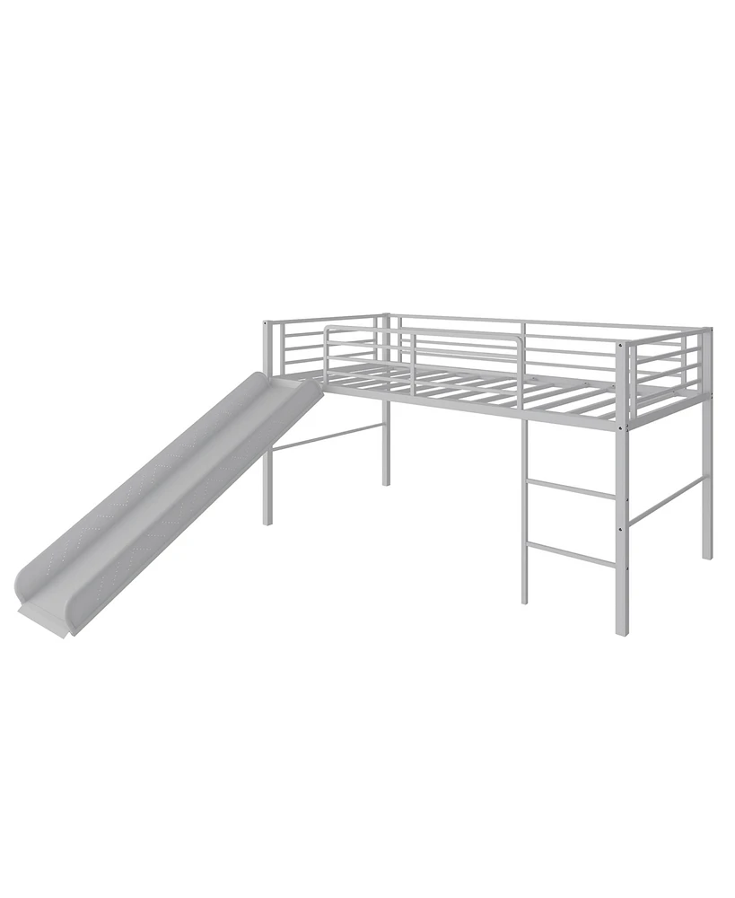 Gymax Twin Metal Loft Bed with Slide Guardrails Built-in Ladder Low Bed Frame Silver