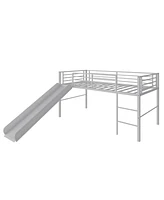 Gymax Twin Metal Loft Bed with Slide Guardrails Built-in Ladder Low Bed Frame Silver