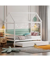 Gymax Twin House Bed Frame w/ Trundle Roof Wooden Platform Mattress Foundation Grey