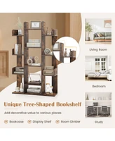 Costway 2 Pcs Bookshelf Tree-Shaped Bookcase with 13 Storage Shelf Rustic Industrial Style