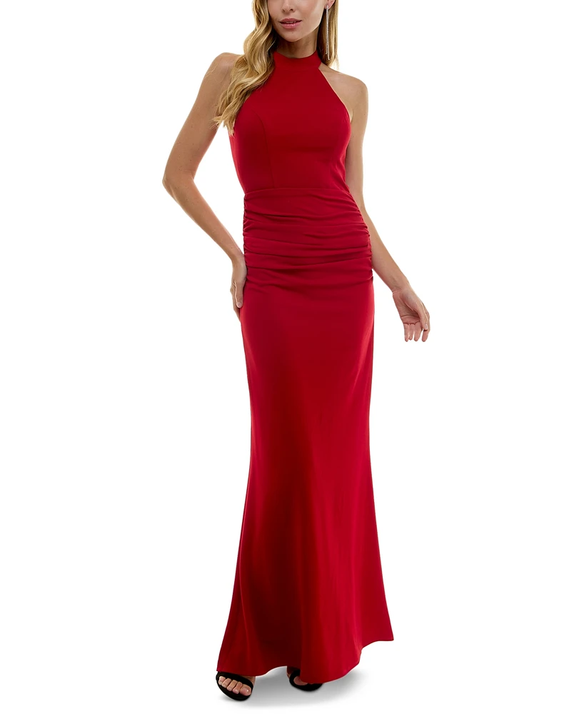 City Studios Juniors' Open-Back High-Neck Evening Gown