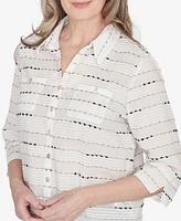 Alfred Dunner Petite Classic Biadere Button Down Top with Front Pockets